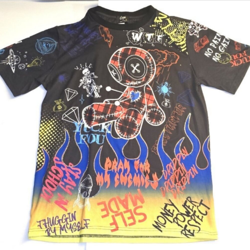 Yuck Fou with Blue Flames Graphic T-Shirt Men's Medium 0009